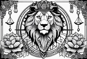 A lion, an owl, a set of balance scales, and a lotus leaf tattoo idea