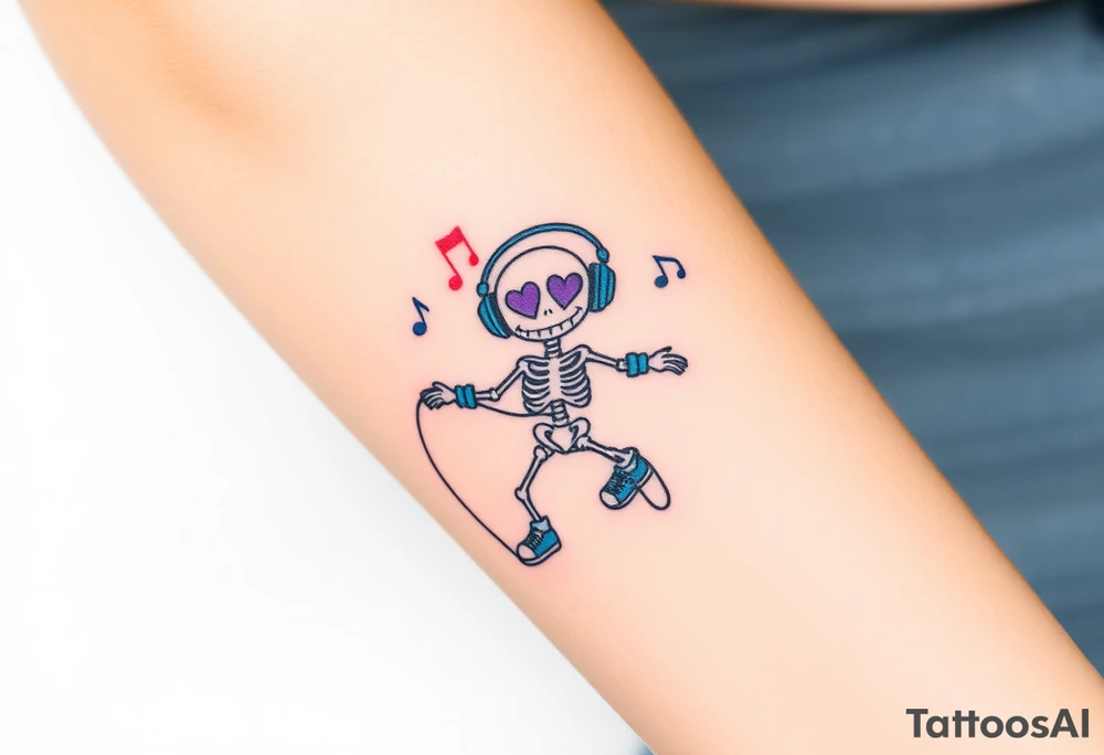 smiley skeleton with purple love shape in his eyes jumping on a jump rope with blue headphones and blue armbands and blue sneakers with colorful music notes around his head tattoo idea