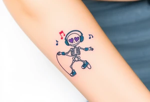 smiley skeleton with purple love shape in his eyes jumping on a jump rope with blue headphones and blue armbands and blue sneakers with colorful music notes around his head tattoo idea