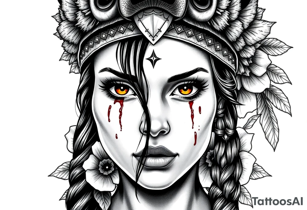 Young Symmetrical Beautiful Woman, looking forward, with colored eyes, shedding a tear, with battle scars and blood on face, with soft look, wearing a mean looking bear headdress on head, with flower background tattoo idea