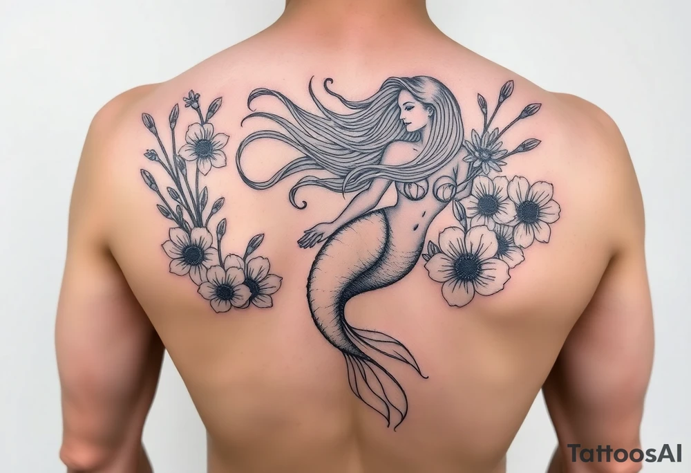 ethereal mermaid with flowing hair among coral and sea flowers tattoo idea