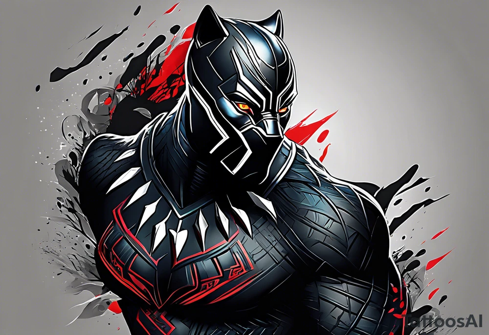 unique black panther tattoo, dynamic pose, showcasing its strength and grace, striking red eyes, intense and captivating elements, artistic flair, blending realism with abstract elements tattoo idea