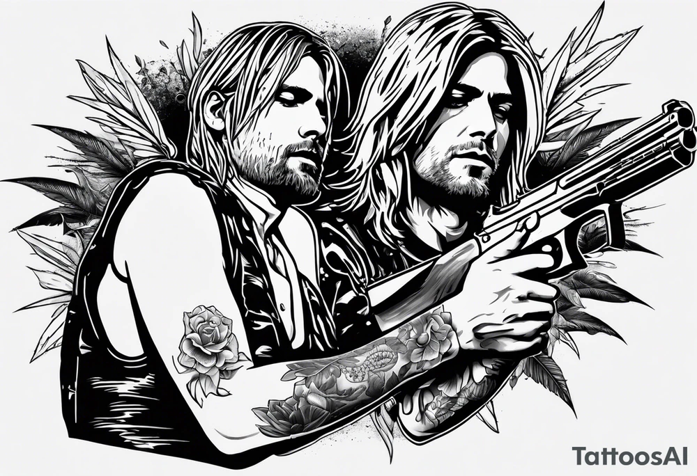 Kurt Cobain, slipping on a banana pill with a heroin needle in his arm, and a shotgun in the other arm tattoo idea