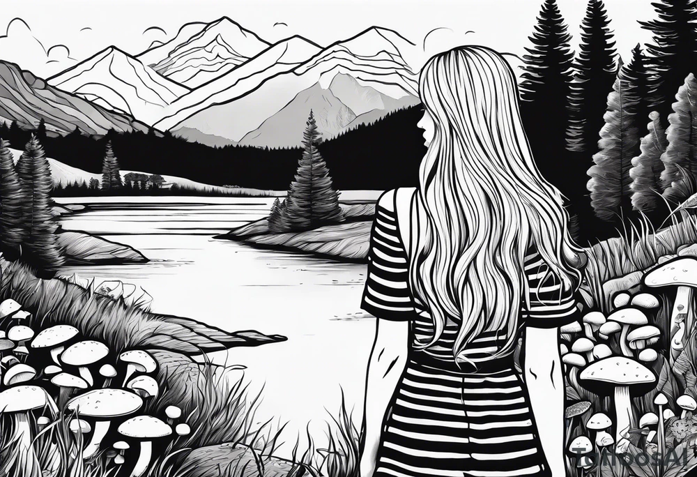 Straight long blonde hair hippie girl in distance holding mushrooms in hand facing away toward mountains and creek surrounded by mushrooms black and white striped dress tattoo idea