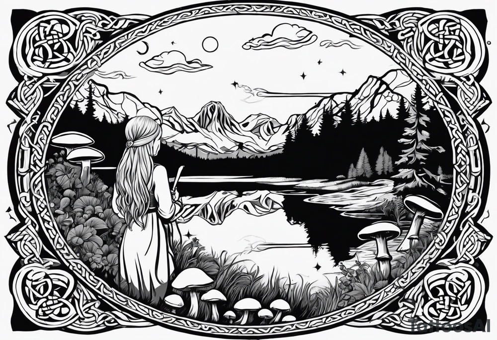 Whole picture encircled fully

Straight long blonde hair celestial girl in distance holding mushrooms in hand facing away toward mountains and creek surrounded by mushrooms long sleeve shirt and hiking pants; whole rendering within a full celtic circle border, no cut off circle tattoo idea