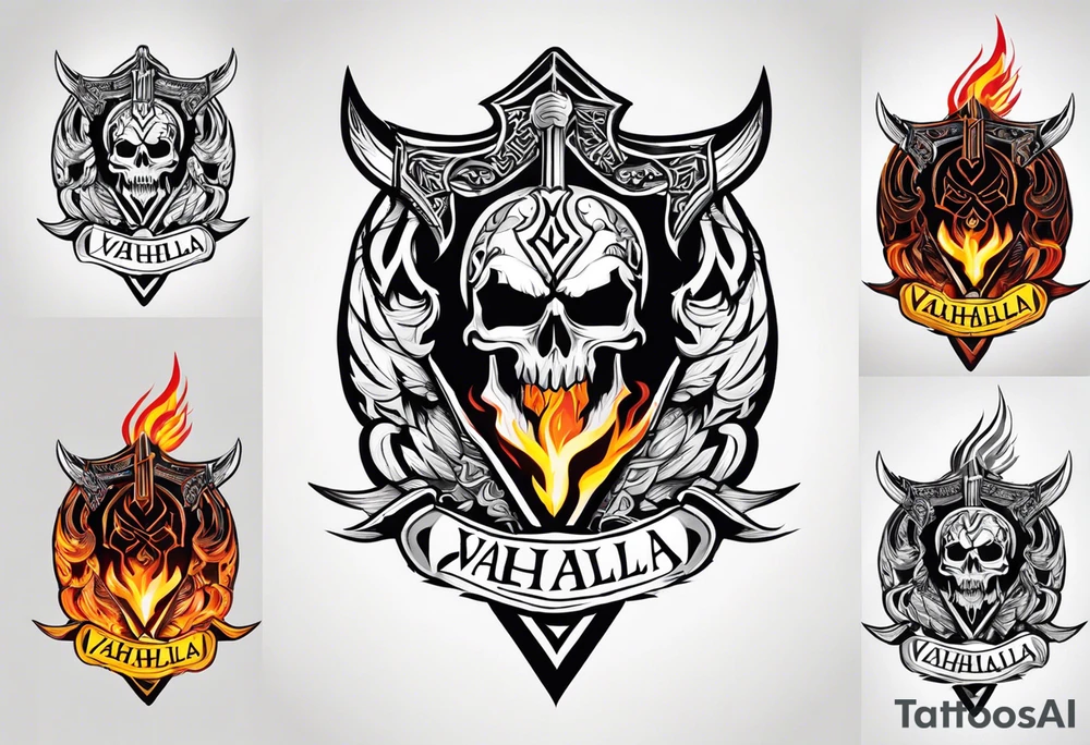 valhalla on fire sword shield axe warrior tattoo idea