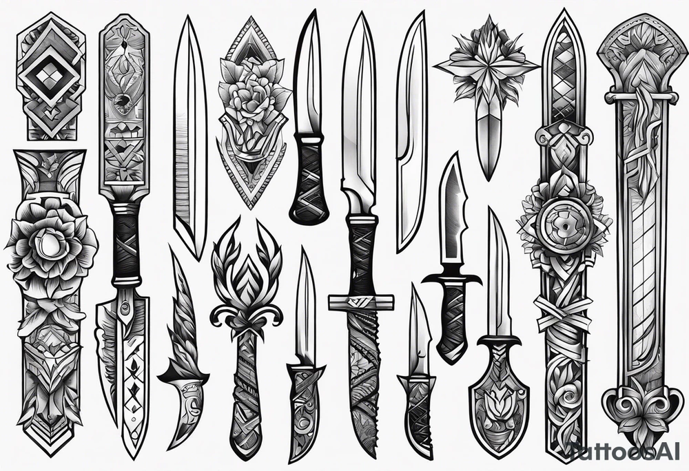 Variety of knifes traditional style flash sheet tattoo idea