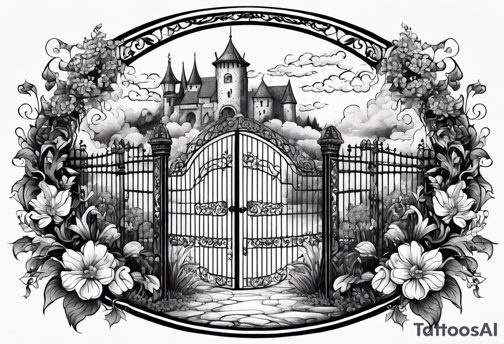 night medieval town garden gate entrance
in circle vignette surrounded by clouds floral tattoo idea
