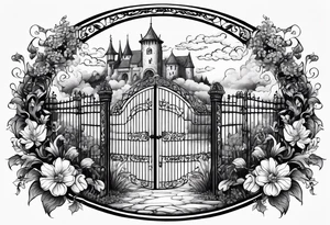 night medieval town garden gate entrance 
 in circle vignette surrounded by clouds floral tattoo idea