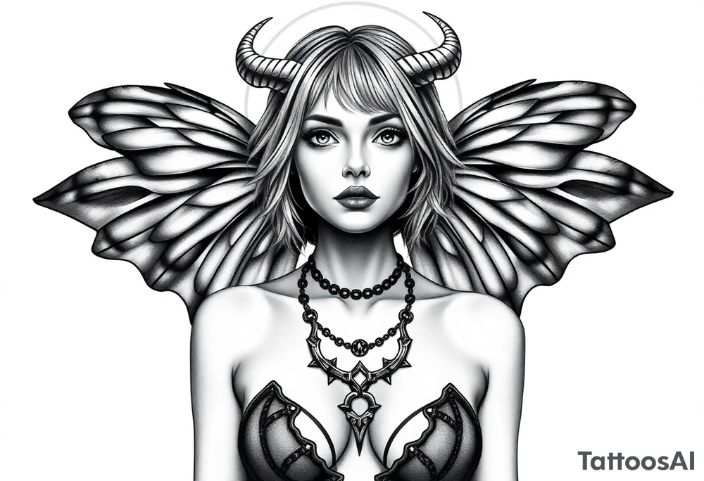 A powerful extremely sexy depiction of a start date with angel wings resembling that of a lunar moth and horns resembling the moths antennas with the son of of her head as if a Halo with two crescent men's off to each side full frontal nude with exotic see through lingerie with a sensual enticing glare short hair length of approximately 8 inches realistic erotic necklace encompassing the look of the hottest goddess of Love and war tattoo idea