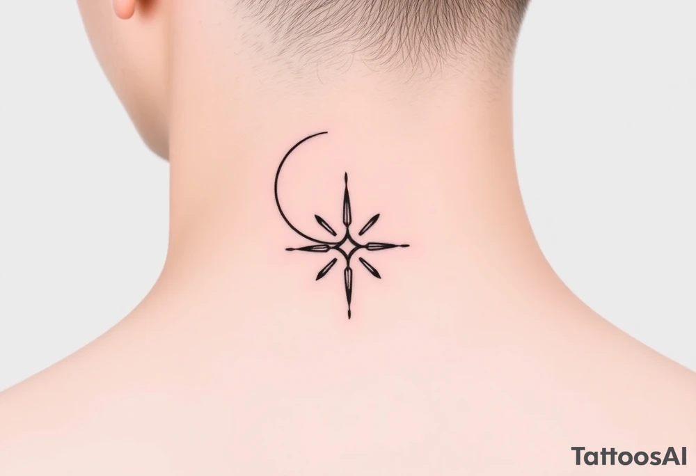 A minimalist crescent moon neck tattoo positioned just behind the ear. The crescent moon is thin and curves to the left. A sharp vertical line extends downward from the inner curve of the moon, intersecting with a symmetrical starburst shape at the center of the line. The starburst has four points — the top and bottom points are elongated, while the horizontal points are shorter, giving it a sleek and modern look. The design features clean, thin lines with a slightly hand-drawn feel, combining celestial and geometric elements. The tattoo follows the natural curve of the neck, giving it an elegant and balanced appearance. tattoo idea