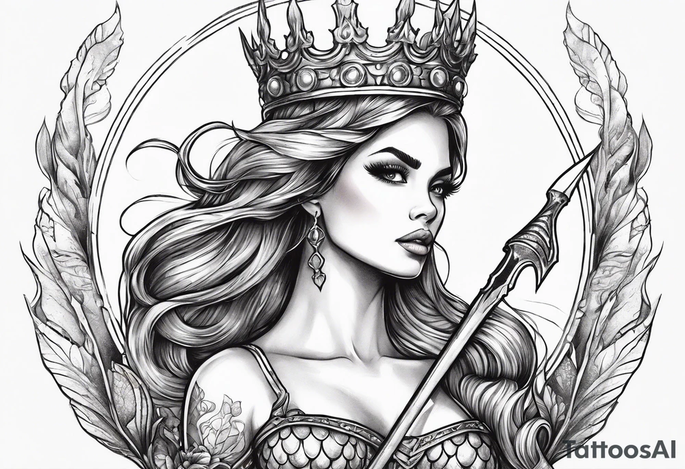 Mermaid full body holding a trident and wearing a crown tattoo idea