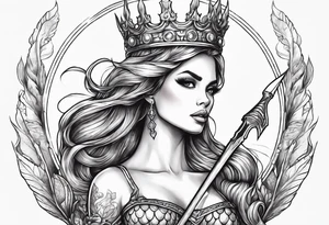 Mermaid full body holding a trident and wearing a crown tattoo idea