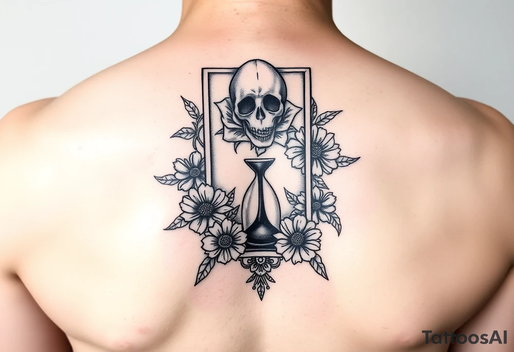 Death tarot card surrounded by a flower and hour glass tattoo idea