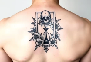 Death tarot card surrounded by a flower and hour glass tattoo idea