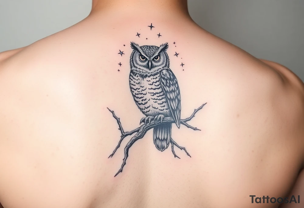 wise owl perched on ancient oak branch under starlit sky tattoo idea
