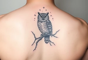 wise owl perched on ancient oak branch under starlit sky tattoo idea