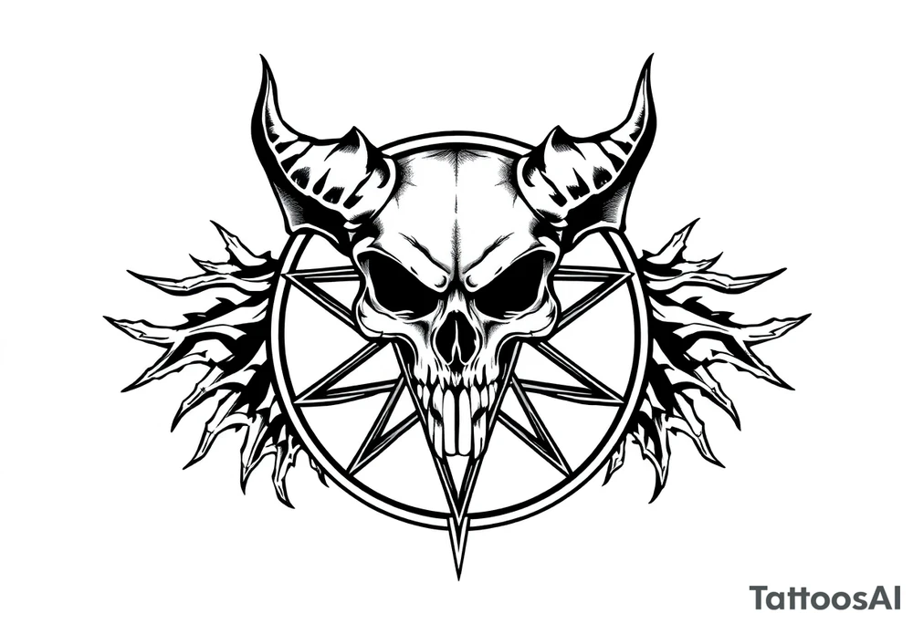 Demon skull over a pentagram surrounded by jagged flowing lines tattoo idea