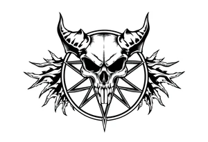 Demon skull over a pentagram surrounded by jagged flowing lines tattoo idea