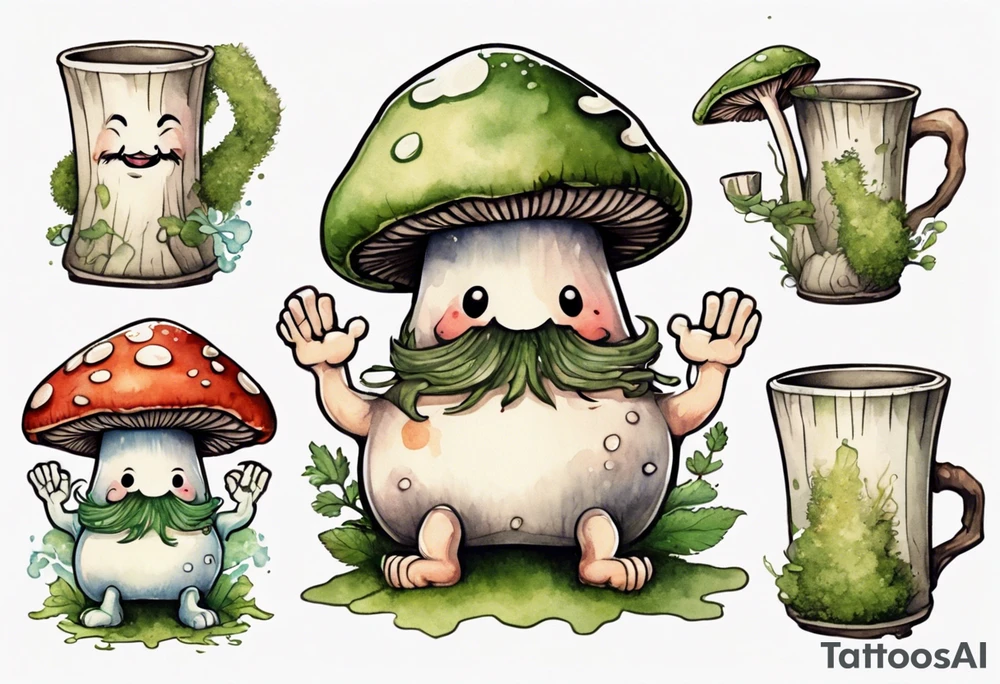 a medieval mushroom with a face and a moss beard and arms and legs drinking from a wood mug, laughing tattoo idea