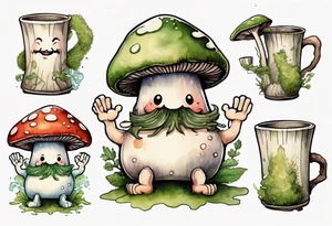 a medieval mushroom with a face and a moss beard and arms and legs drinking from a wood mug, laughing tattoo idea