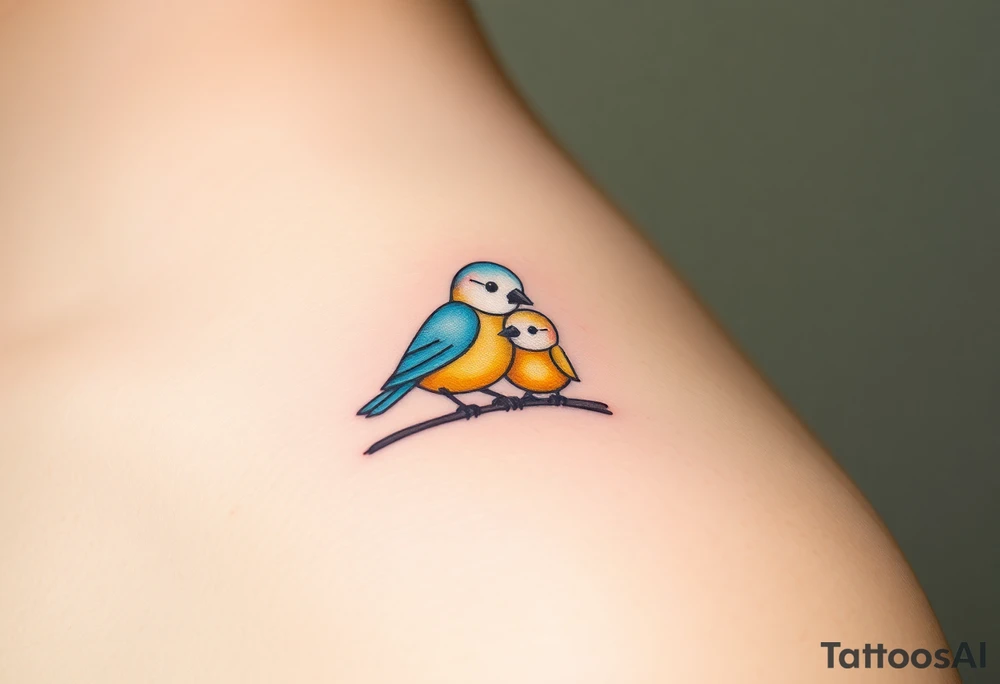 A mother and baby bird perched on a branch, with soft watercolor strokes in pastel blue and warm yellow, symbolizing love and guidance tattoo idea