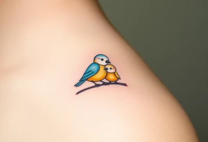 A mother and baby bird perched on a branch, with soft watercolor strokes in pastel blue and warm yellow, symbolizing love and guidance tattoo idea