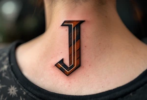 Rustic "J" etched in wood-grain texture with warm brown and amber tones. tattoo idea