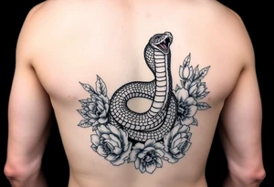 Kundalini cobra coiled around upper thigh surrounded by peonies tattoo idea