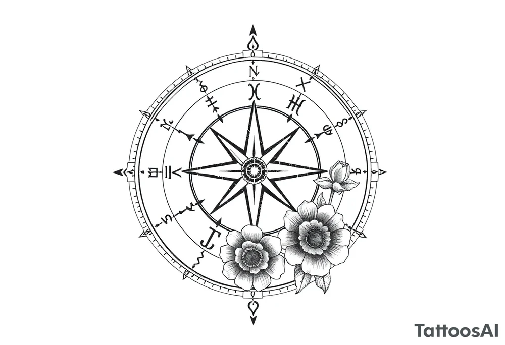 zodiac symbols the elements and Norse runes within ornate compass with roses lilly sunflowers tattoo idea