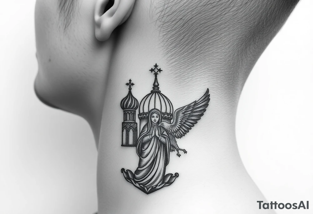 Flowing Scene

A single onion dome rising up toward the ear
Virgin Mary in prayer pose wrapping around the lower neck curve
A small eagle or just the star tucked above the dome near the hairline tattoo idea
