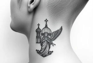 Flowing Scene

A single onion dome rising up toward the ear
Virgin Mary in prayer pose wrapping around the lower neck curve
A small eagle or just the star tucked above the dome near the hairline tattoo idea