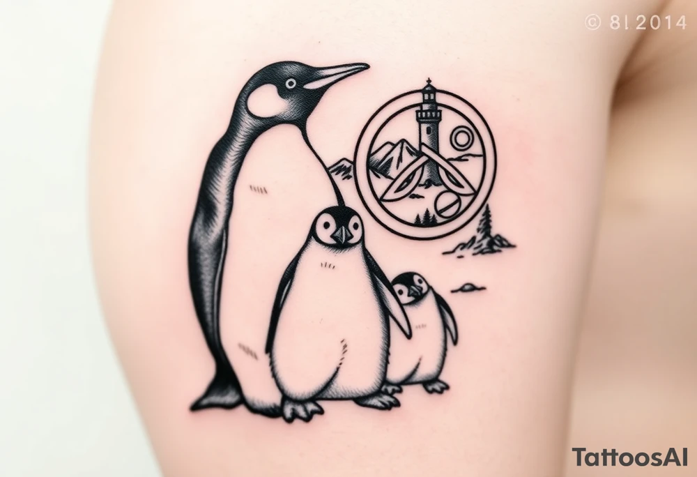 compilation outlining important things in my life such as emperor penguin, celtic trinity knot, lighthouse, mountains/nature, the green bay packers, and something to represent my 3 boys perhaps one adult emperor penguin with 3 baby penguins or something else to represent the 3 kids tattoo idea