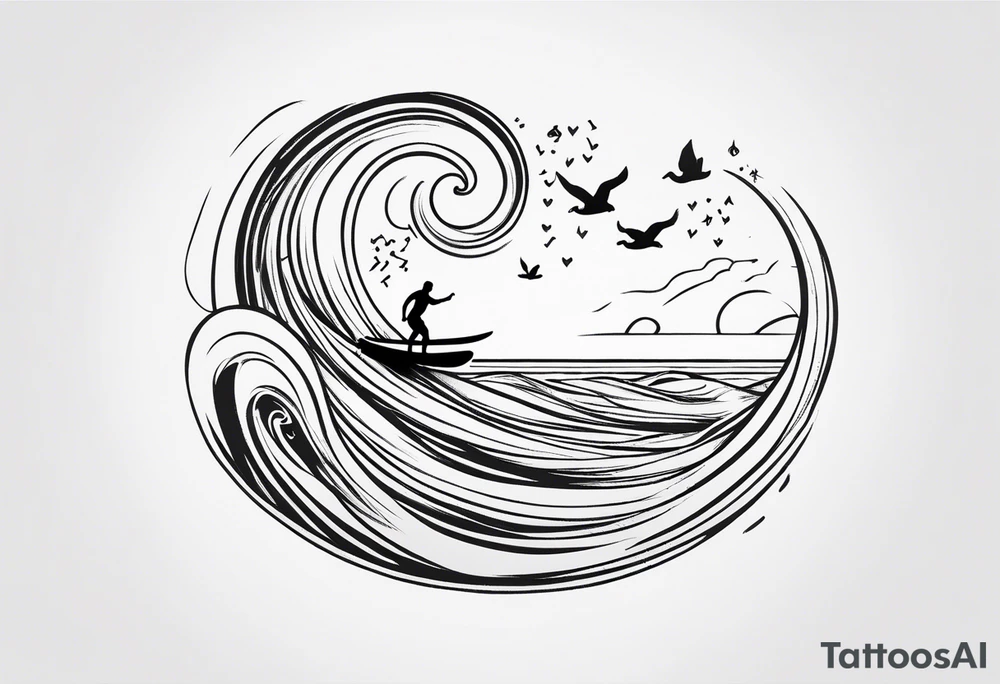 Black and white Line work tattoo depicting a father surfing with his daughters, incorporating musical notes. tattoo idea