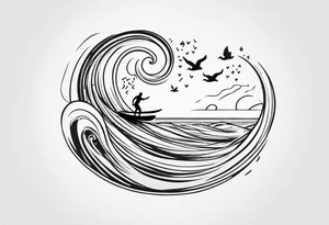 Black and white Line work tattoo depicting a father surfing with his daughters, incorporating musical notes. tattoo idea