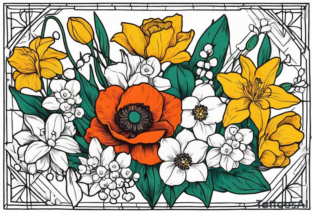 Poppy, larkspur, marigold, Lily of the valley, daffodil, flower bouquet, portrait style tattoo idea