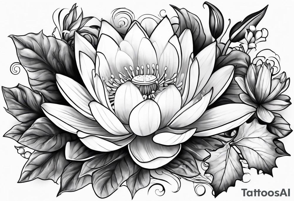 Water lily and holly birth flowers intertwined tattoo idea Water lily and holly birth flowers intertwined tattoo idea
