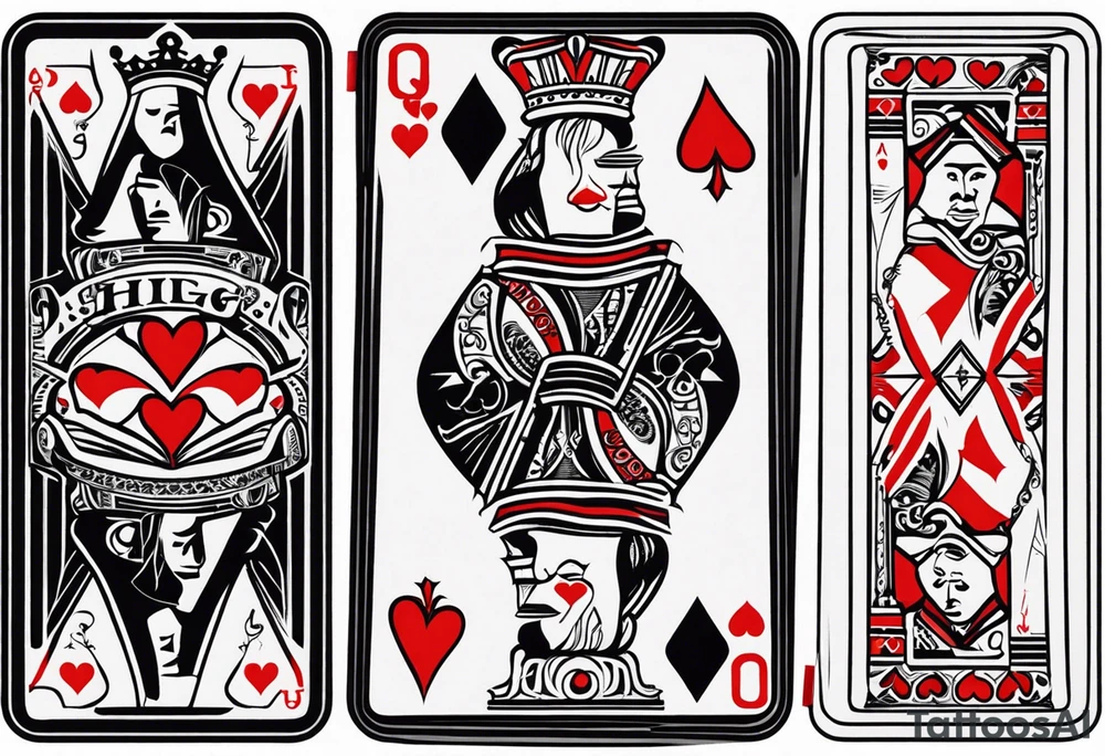 one playing card with both queen of hearts and king of spades incorporated in extreme minimalistic style tattoo idea