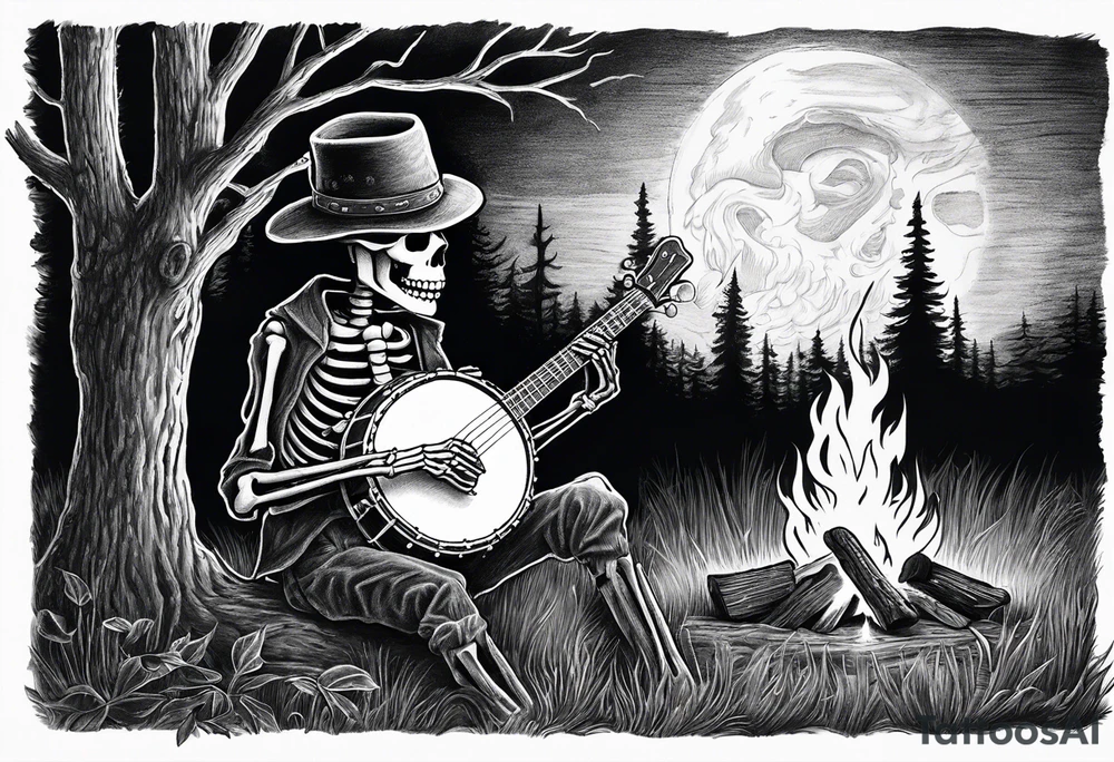 Skeleton playing banjo wearing a coal minor hat at night in the woods of west virginia around a camp fire tattoo idea