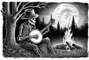 Skeleton playing banjo wearing a coal minor hat at night in the woods of west virginia around a camp fire tattoo idea