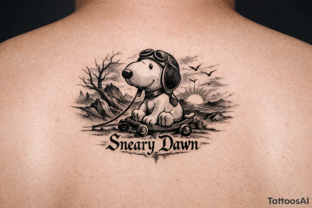 Little snoopy with saying Sneary Dawn tattoo idea