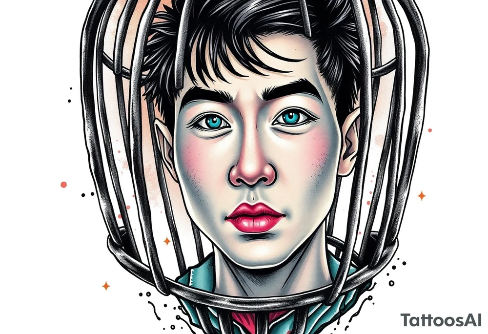 Handsome Asian young guy in scary cage tattoo idea
