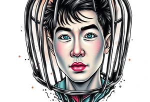 Handsome Asian young guy in scary cage tattoo idea