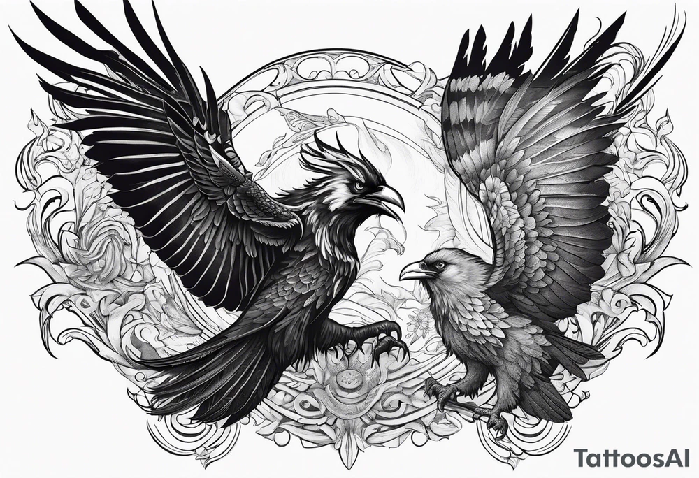 Pheonix and raven fighting with owl flying in at them tattoo idea