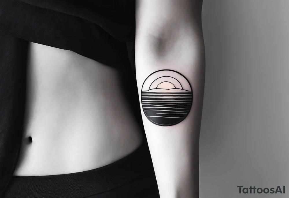 This is an extremely simple and minimalistic tattoo on forearm horizontally. From the perspective of being on the ocean, Water is calm, with no waves in sight, the sun is setting behind the ocean, reflecting light onto the ocean. tattoo idea