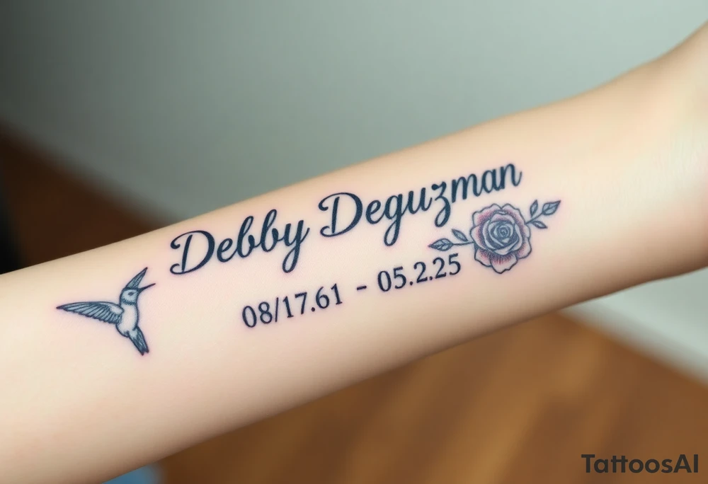 Tattoo of the exact name Debby Deguzman in chunky curly cursive with the exact dates of 08/17/61-05/29/25 surrounded by 1 hummingbird and 1 rose tattoo idea
