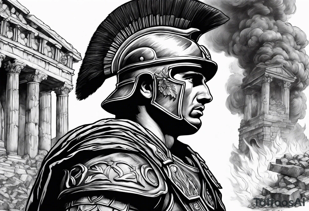 Roman soldier looking left at burning ruins tattoo idea