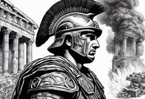 Roman soldier looking left at burning ruins tattoo idea