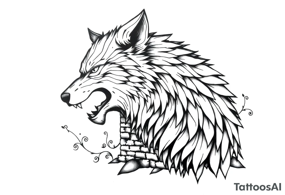 Big  wolf  blowing down   a brick house tattoo idea