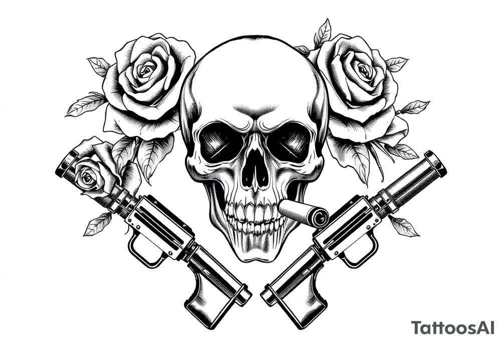 A skull with a cigar, surrounded by thorny roses and crossed pistols. tattoo idea